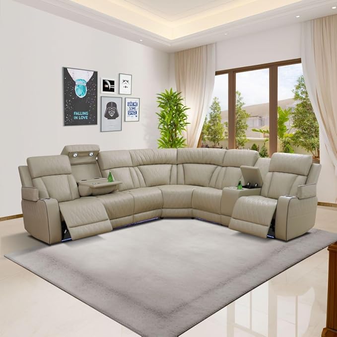 Power Recliner Sectional Sofa with LED Light, Breathing Leather Recliner Sofa Couch with USB Port/Cup Holder/Storage for Living Room (6 Seat Reclining Sectional Couch) (Khaki)