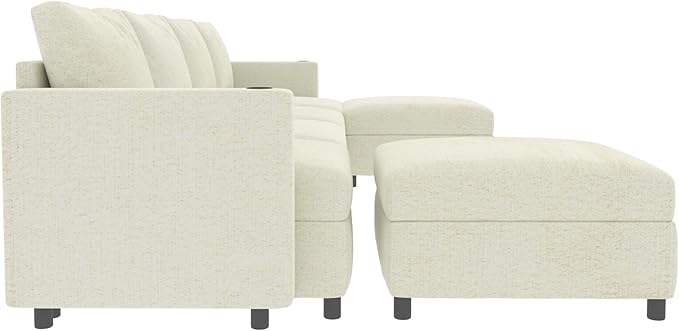 Ball & Cast 123" Large Sleeper Sectional Sofa Bed with Full Storage Seats,Corner Spacious Cloud Sofa W/Ottoman,Flexible Combination,Oversize 6 Piece Cozy Modular Chaise for LivingRoom,White Chenille