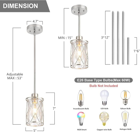 Refice Glass Pendant Lights Kitchen Island, Brushed Nickel Kitchen Hanging Light with Clear Glass, Farmhouse Cage Mini Pendant Lighting for Sink Dining Room Bedroom Bar, 1 Pack