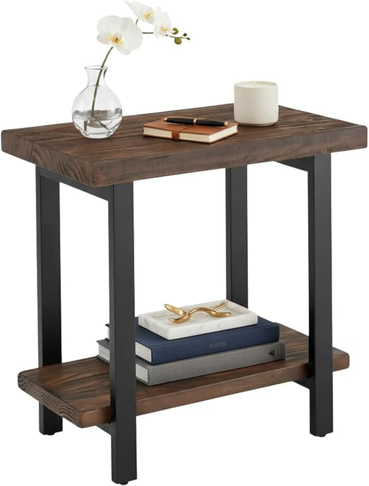 Alaterre Furniture Pomona Living Room Collection – 2-Tier Solid Wood End Table with Natural Finish and Metal Legs – Modern Farmhouse Accent or Home Décor (Rustic Brown)
