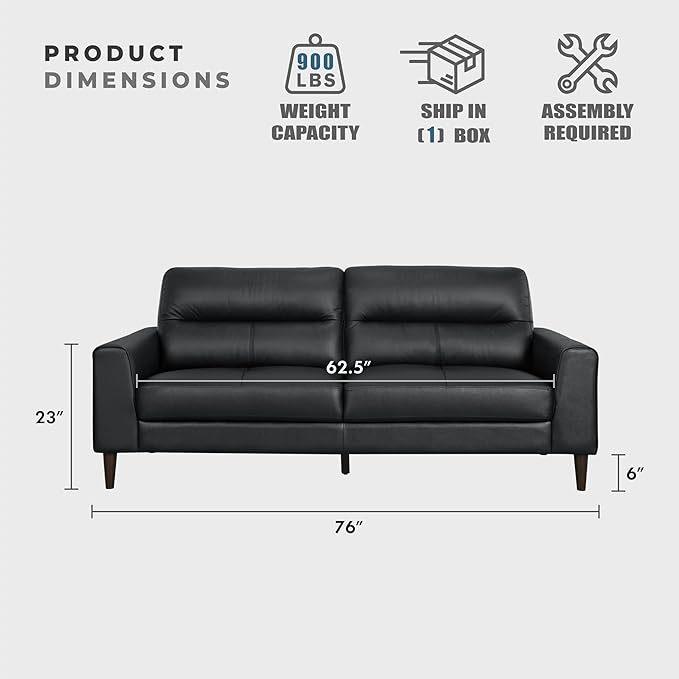 Lexicon Leather Match Couch Sofa, Modern Oversized Sofa, Solid Wood Legs, Top Grain Leather 3 Seater Couch for Living Room, Bedroom, Office, Apartment, Waiting Room, Black