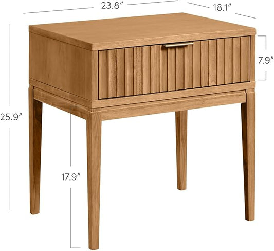 Nathan James Jasper Mid-Century Modern Nighstand, Side Table with Storage and Fluted Drawer Doors with Brass Handles, Natural Brown