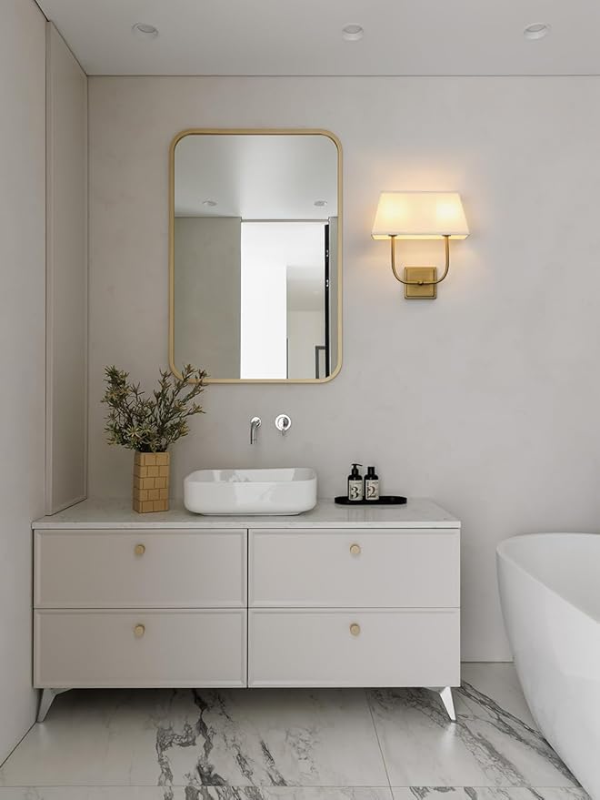 Vintage 2-Lights Wall Sconces with White Fabric Lampshade, Double Head Bathroom Vanity Lights Fixture in Antique Brass, Indoor Wall Lamps for Bedroom Living Room Hallway Stairway