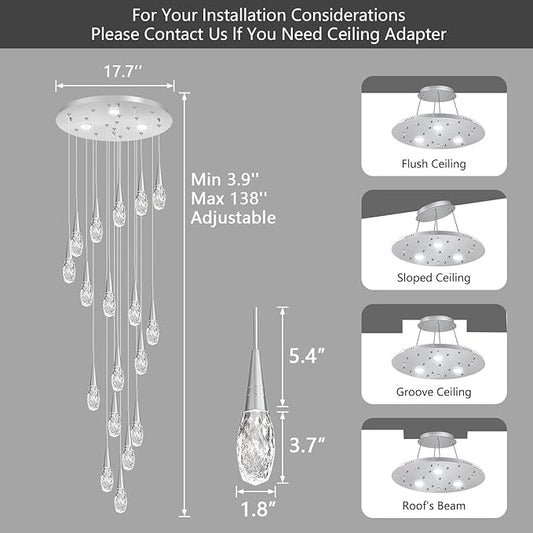 18-Lights 138 Inches Modern Chandelier LED Light Fixtures High Ceiling Long Light Chandelier for Entrance Foyer Dimmable Drop Lights with Remote Living Room Ceiling Pendant Lighting Shine Silver