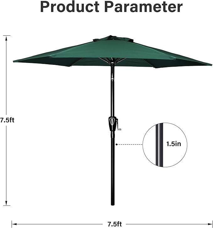 YSSOA 7.5' Patio Umbrella Outdoor Table Market Yard Umbrella with 6 Sturdy Ribs, Green