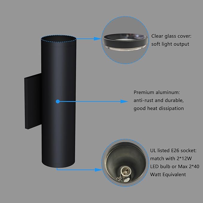 Outdoor Wall Lights, E26 Base, Aluminum Waterproof Modern Wall Sconces Cylinder Design, Black Modern Up and Down Wall Light Fixture Wall Sconces for Living Room,Garage, Porch and Patio