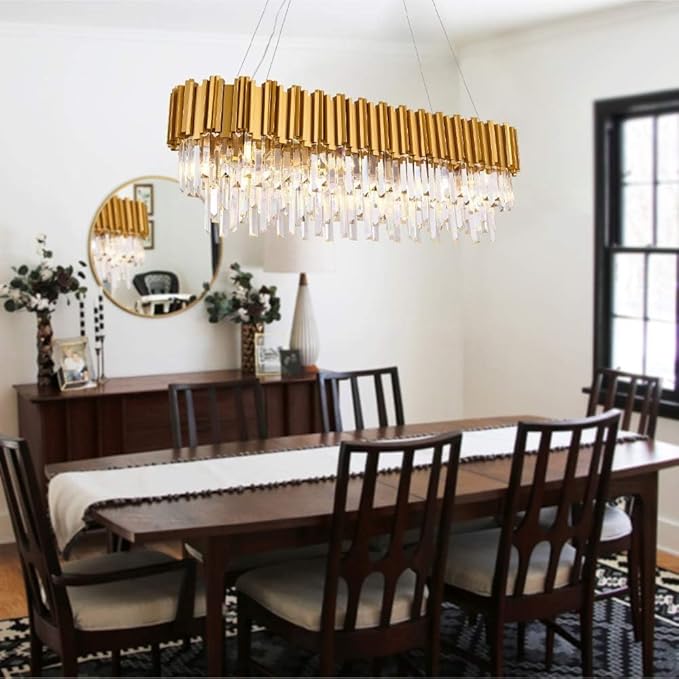 W43.3 Modern Crystal Chandelier - Luxury Pendant Ceiling Light for Dining Room, Kitchen Island, or Living Room - Oval Raindrop Contemporary Chandelier with Gold Finish.