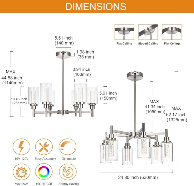 VINLUZ 6 Ceiling Light Industrial Chandelier Brush Nickel Pendant Lighting Hanging Fixture with Cylinder Clear Glass for Kitchen Bedroom Dining Room