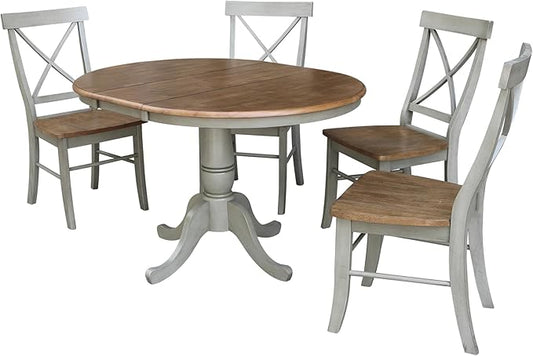 IC INTERNATIONAL CONCEPTS 36" Round Wood Distressed Hickory/Stone Extension Dining Table with 4 Chairs