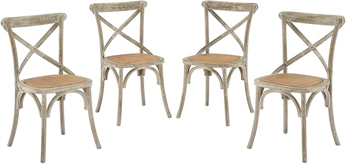 Modway Gear Rustic Modern Farmhouse Elm Wood Rattan Four Dining Chairs in Gray