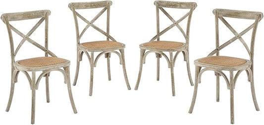 Modway Gear Rustic Modern Farmhouse Elm Wood Rattan Four Dining Chairs in Gray