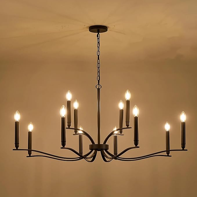 Black Living Room Chandelier 12 Light Hight Ceiling Foyer Candle Chandelier Large Dining Room Light Fixture Over Table 44in Metal Modern Chandeliers Hanging Light for Entry Master Bedroom