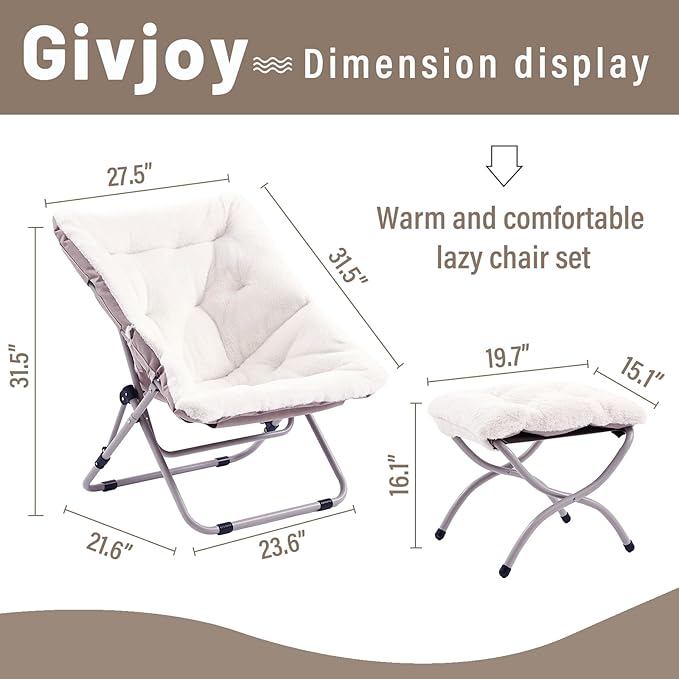 Comfy Folded Chair with Ottoman, Oversized Folding Faux Fur Chair Soft Furry Lazy Chair with Metal Frame Moon Chair Accent Chair for Bedroom, Living Room, Dorm Rooms