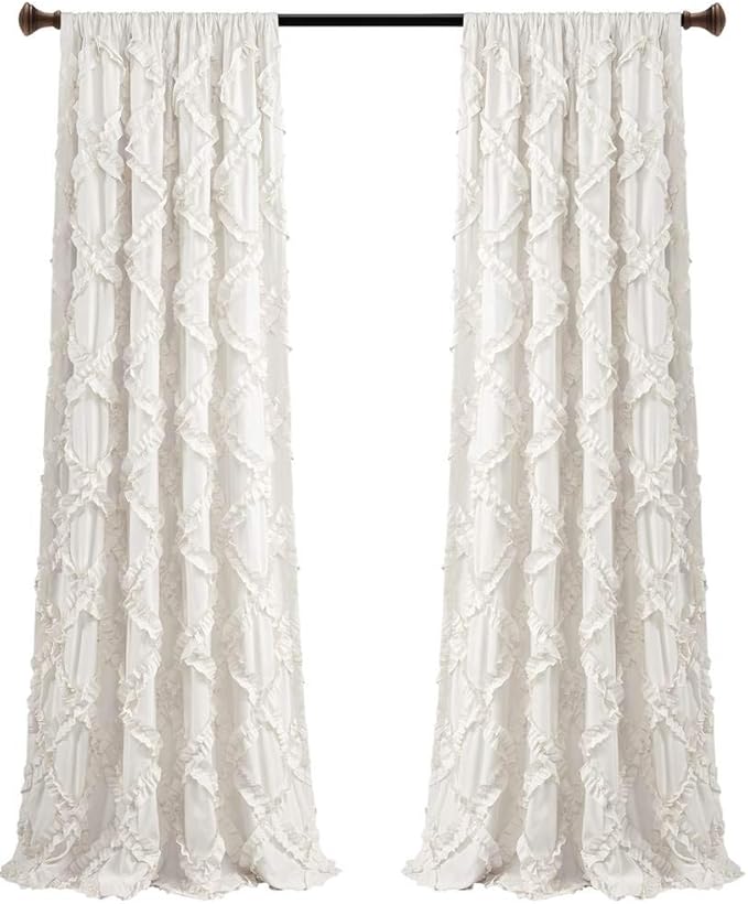 Lush Decor Ruffle Diamond Curtains Textured Window Panel Set for Living, Dining Room, Bedroom (Pair), 95” x 54”, White