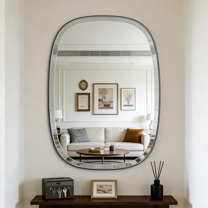 POZINO Beveled Bathroom Mirror, 24"x32" Matte Black Vanity Mirror for Over Sink, Modern Rectangle Wall Mirrors for Entryway Hallway Bedroom Living Room, Hangs Vertically or Horizontally