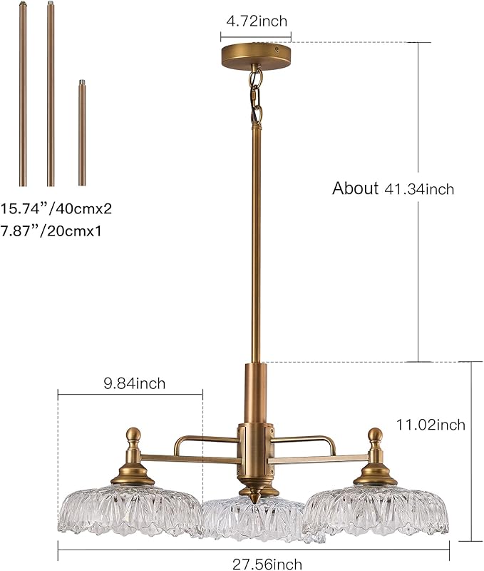HDDFL Chandelier Pendant Lights Fixture Vintage Pendant Lighting Fixtures 3 Lights Chandelier E26 Base Brass Kitchen Glass Hanging Lamp for Island Dining Room Living Room