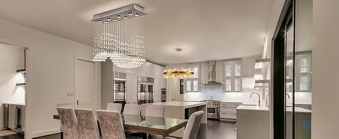 Siljoy 8-Light Modern Wave Raindrop Crystal Chandelier, Luxury Chrome Rectangular Flush Mount Crystal Pendant Ceiling Light for Dining Living Room Kitchen Island L31.5'' x W12'' x H28''