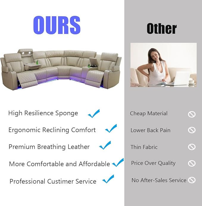 Power Reclining Sectional Sofa, L-Shaped Living Room Furniture Set, Light Brown Leather Recliner Sofa, Reclining Sectional Couch with LED/Storage Console/Cup Holder/USB/Type C for Office/Home