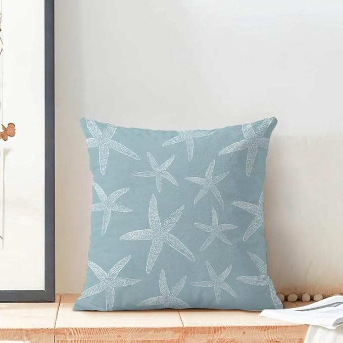 BETGINY Coastal Seafoam Blue Starfish Throw Pillow Cover 18X18 Inch Pack of 2,Summer Nautical Ocean Decorative Pillow Covers Square Linen Beach Pillow Cases Cushion for Bedroom Home Sofa Decor
