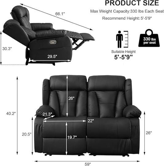 59" Manual Reclining Loveseat Sofa - Double Loveseat Recliner Chair with Side Pockets for RV Couch/Motorhomes/Living Room (Black, Loveseat)