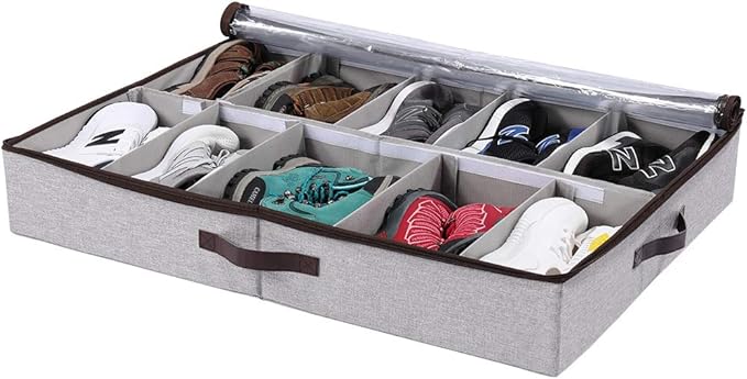 HOONEX Under Bed Shoe Storage Organizer with Adjustable Dividers, Shoe Holder with Leather Handles, 1 Pack, Store 12 Pairs, Grey