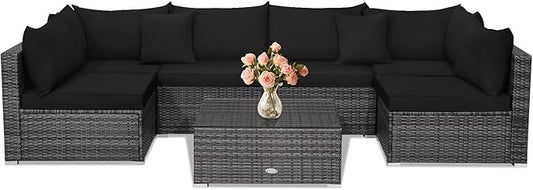 Tangkula 7 Piece Patio Wicker Furniture Set, Outdoor Rattan Sectional Sofa Set for 6 with Seat & Back Cushions, 2 Throw Pillows, Sofa Fastener Clips, for Backyard, Poolside, Deck and Garden (Black)