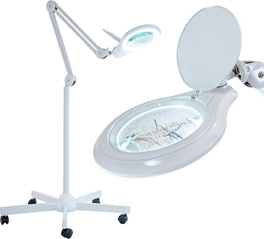 Neatfi LED Magnifying Floor Lamp 1,200 Lumens – 5” Bifocal Glass Lens, Dual Magnification 2.25X + 6X, Dimmable Task Light | Adjustable Arm, Rolling Base | Reading, Crafting & Sewing (White, 5 Inches)