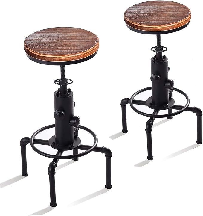 Vintage Industrial Bar Stools,Kitchen Counter Bar Stool Height Adjustable 23.6"-29.5" Swivel Bar Stool, Solid Wood Water Pipe Fire Cafe Pub Bar Stool,Set of 2, Black
