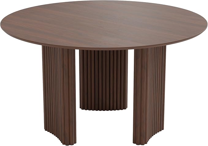 Casaphoria 52" Round Dining Table for 4-6, Farmhouse Style Table with Stripes Base, Easy Assembly for Living Room, Kitchen, Bar, Walnut