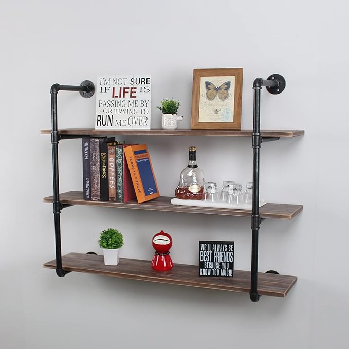 MBQQ Industrial Pipe Shelving Wall Mounted,44in Rustic Metal Floating Shelves,Steampunk Real Wood Book Shelves,Wall Shelf Unit Bookshelf Hanging Wall Shelves,Farmhouse Kitchen Bar Shelving(3 Tier)