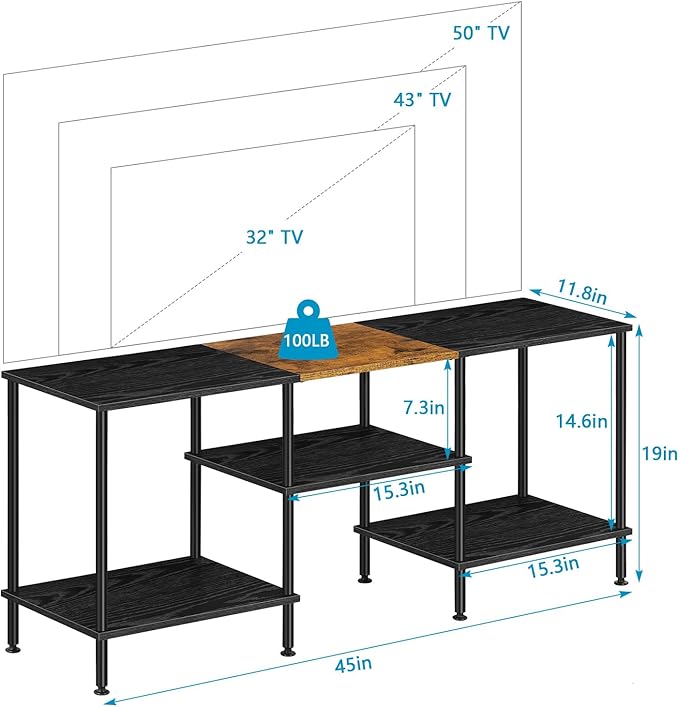 BTY 50 inch TV Stand 3 Tier Entertainment Center with Storage Shelves Small Tall Television Console Table with Metal Frame, Industrial TV Cabinet for Living Room Bedroom, Black