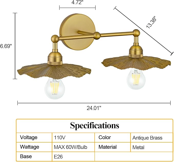 PASSICA DECOR Hardwired 2 Head Wall Sconce Indoor Wall Light Antique Brass 2-Lights with Flower Shade Wall Lighting Fixture for Bathroom Vanity Kitchen Sink Bedrroom Living Room Farmhouse…