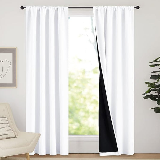 NICETOWN 100% Blackout Curtain Panels, Window Curtains with Black Liner for Nursery, 84 inches Drop Cold and Full Light Blocking Draperies (White, 2 Pieces, 42 inches Wide Each Panel)