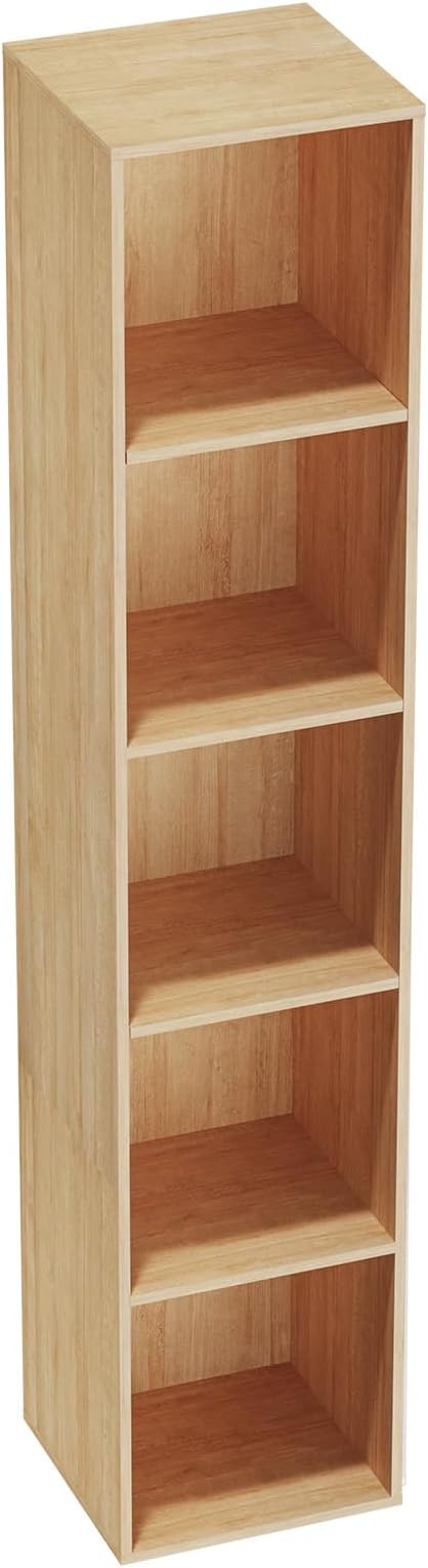 5 Tier Bookshelf, Open Tall Narrow Floor Standing Bookcase, Wooden Book Shelf Display Organizer for Home Office, Study (Oak, 5 Cube)