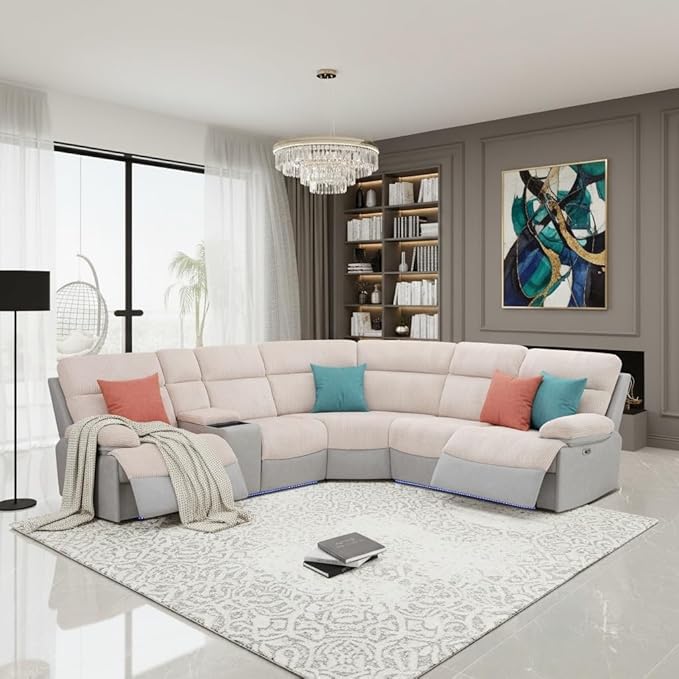 Power Reclining Sectional Sofa, 5 Seat Sectional Couch with Recliners, Soft Corduroy & Breathing Leather Sectional with 2 Recliners,USB Charging Ports,LED Light Strip, Living Room Furniture Set | Breathable material, LED Lighting