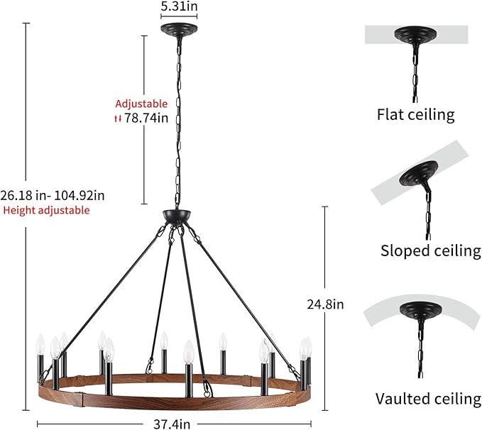 37.4 inch Wagon Wheel Chandelier with Wood Grain Finish, 12-Light Large Round Farmhouse Chandeliers for High Ceilings Dining Room Living Room Foyer Entryway Outdoor Porch