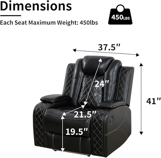 Power Leather Recliner Sofa with LED Light，38" Power Single Recliner Chair USB Port/Storage Armrest,Leather Couch for Living Room/Office/Lounge/Rv Car/Club/Apartment(Black,Chair)