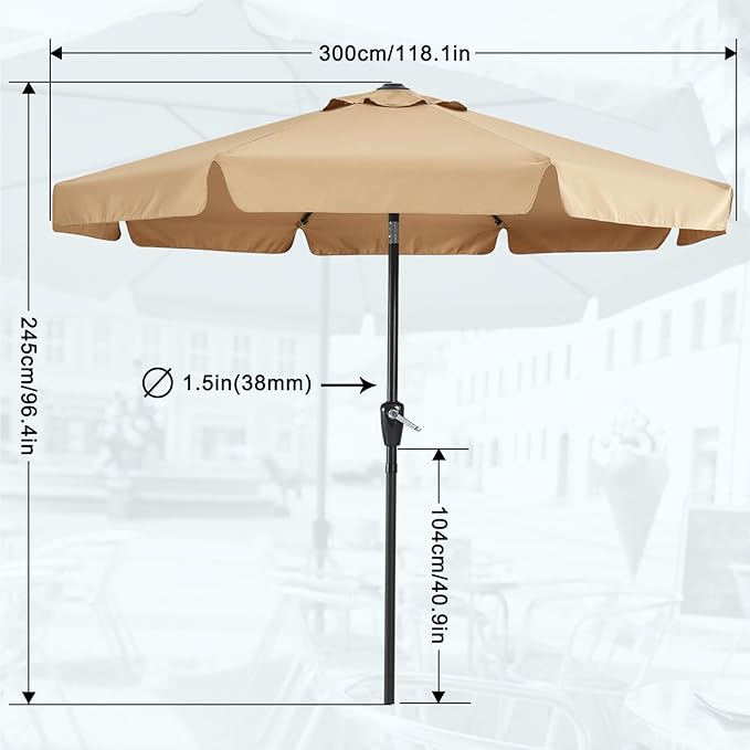 MASTERCANOPY 10ft Patio Umbrella with Valance, Crank and Tilt – 8 Ribs Outdoor Market Umbrella, UV/Fade Resistant, Waterproof Canopy with Wind Vent for Garden, Deck, Backyard, Pool (Khaki)