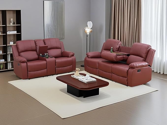 2PCS Manual Recliner Sofa Set Living Room Furniture Sets Bonded Leather Reclining Couch Set Modern Sofa and Loveseat Set with Cup Holders/Overstuffed Arms for Home/Office (Red,Sofa+Loveseat)