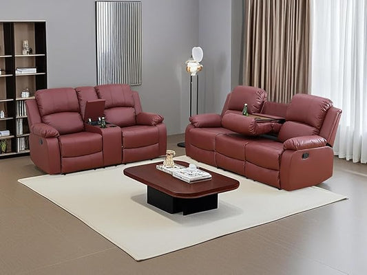 2PCS Manual Recliner Sofa Set Living Room Furniture Sets Bonded Leather Reclining Couch Set Modern Sofa and Loveseat Set with Cup Holders/Overstuffed Arms for Home/Office (Red,Sofa+Loveseat)