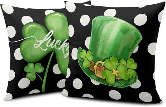 St Patricks Day Outdoor Pillow Covers 18x18 Set of 2 Green Shamrock Throw Pillow Cover Polka Dots Lucky Clover Hat Pillow Case St. Patrick's Day Farmhouse Pillowcases for Home Sofa Couch Decoration