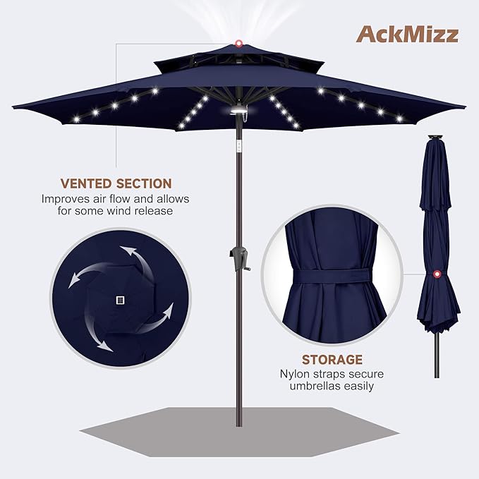 9ft Solar Umbrella Outdoor - 2 Tiers Lighted Solar Patio Umbrella with 40 LED Lights Waterprool UV Protection, Table Umbrella with Tilt for Pool, Porch, Garden, Backyard (Navy Blue)