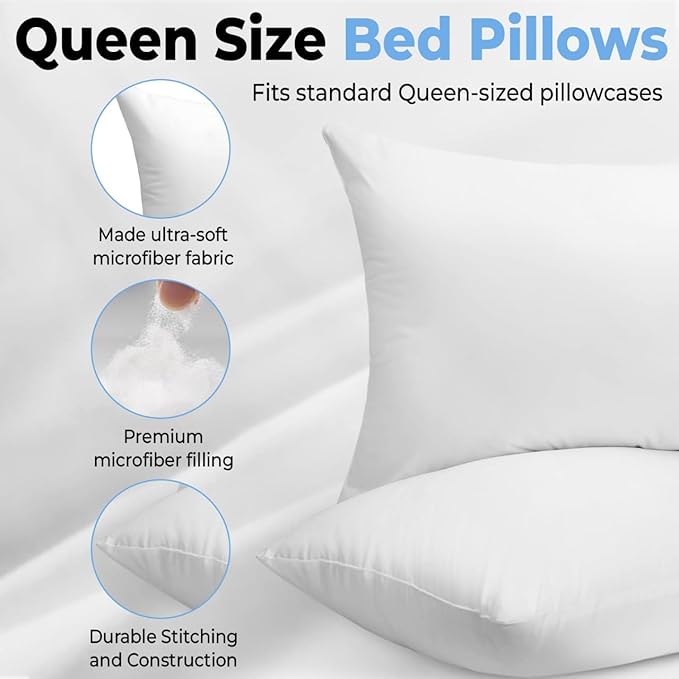 QUBA LINEN Queen Size Bed Pillows - Set of 2, Medium Density, Soft and Supportive for Back, Side, and Stomach Sleepers (Queen (Pack of 2)) (White, Pack of 2)