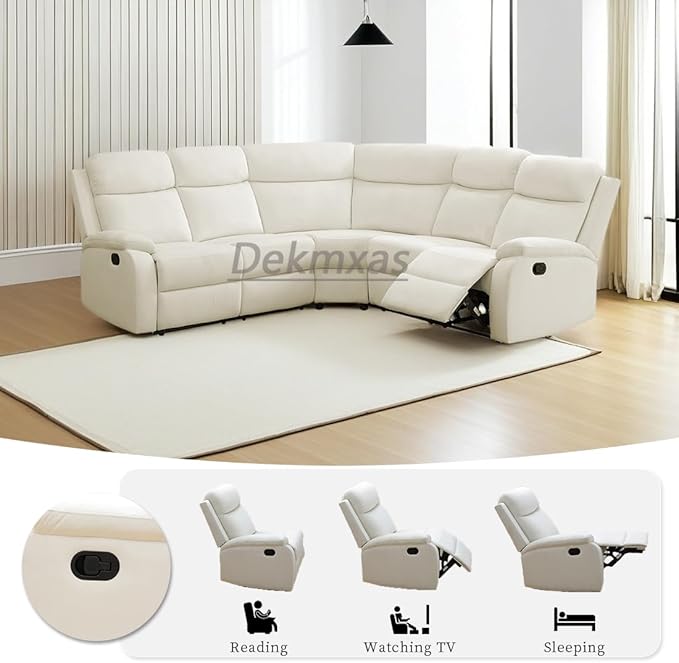 Living Room Furniture Set L-Shaped Sectional Sofa Fluff Fabric Recliner Adjustable Manual Sofa Set for Living Room, Office,Apartment,Rv Car（Off-White）