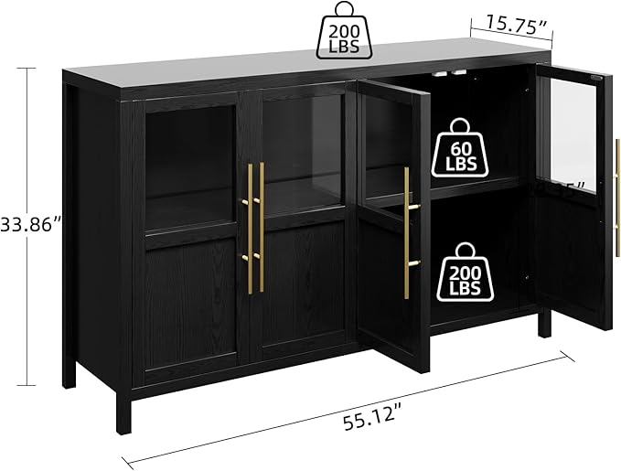 GarveeHome Sideboard Buffet Cabinet with 4 Glass Doors, 55 in Buffet Table Coffee Bar Wine Bar Display Cabinet for Kitchen Dining Room, Living Room (Glass with 4 Doors, Dark)