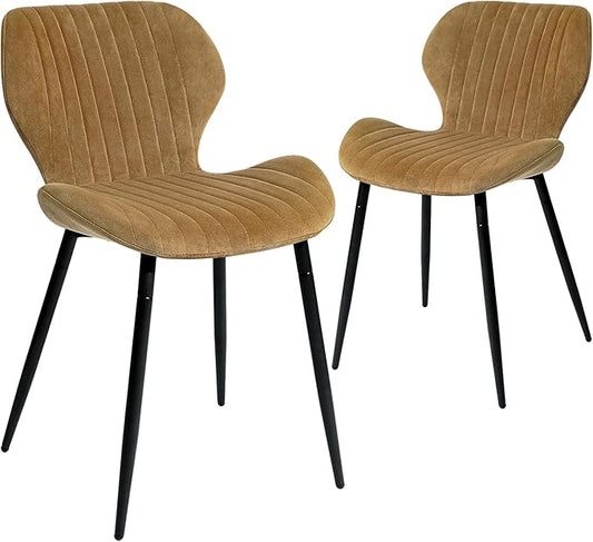 CangLong Mid Century Modern Dining Chairs Set of 2, Upholstered Kitchen Dining Room Chairs, Velvet Comfortable Dining Chair with Metal Legs, for Kitchen, Dining, Living Room, Yellowish Brown