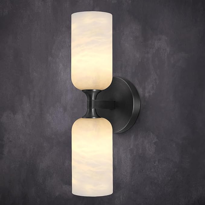 Alabaster Wall Sconce 14in Black Sconces Wall Lighting, Imported Alabaster Modern Marble Bathroom Vanity Sconces, Black Sconce Wall Decor, for Bedroom Living Room Staircases Hallway Foyer