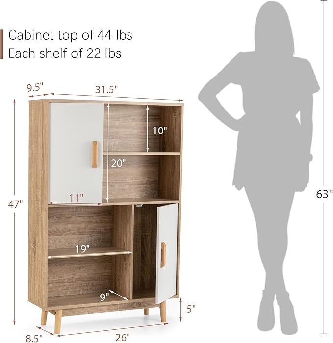 Giantex Storage Cabinet with Legs, Floor Cabinet with Doors, Shelves, Anti-Tipping Device, 4-Tier Bookshelf for Books & Photos, Tall Cupboard in Living Room, Kitchen Buffet Sideboard