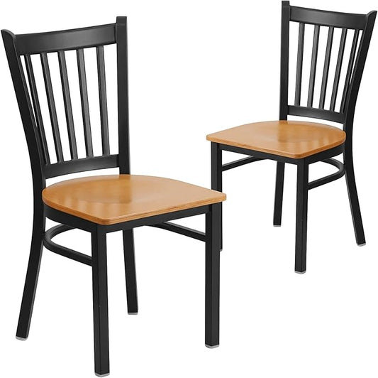 Flash Furniture 2 Pack HERCULES Series Black Vertical Back Metal Restaurant Chair - Natural Wood Seat