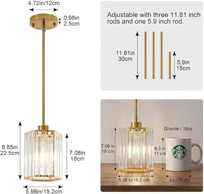 2 Pack Crystal Pendant Lights, Brushed Gold Kitchen Hanging Pendant Light Fixtures, Modern Hexagonal Crystal Pendant Lighting for Kitchen Island, Dining Room, Hallway, Foyer, Entryways